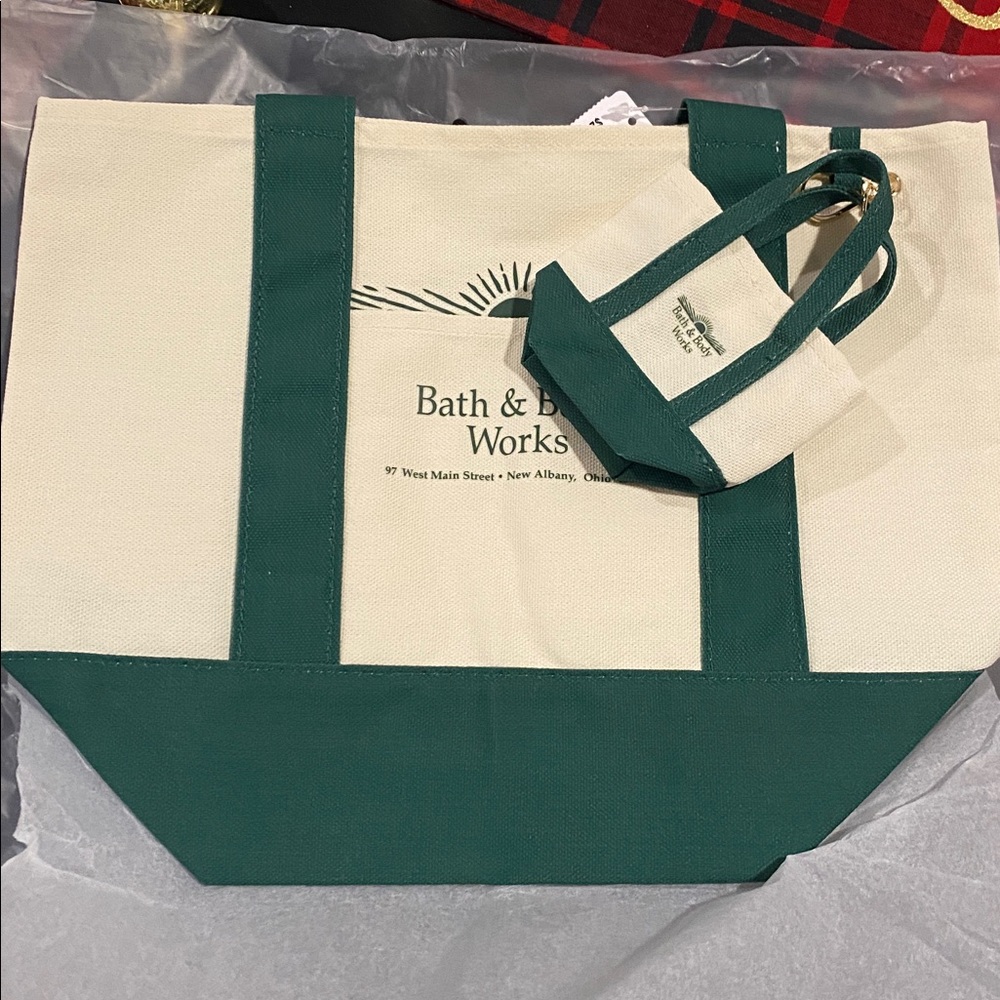 Bath & Body Works Heritage Green and Cream Tote Bag with Mini Clip on Tote Bag